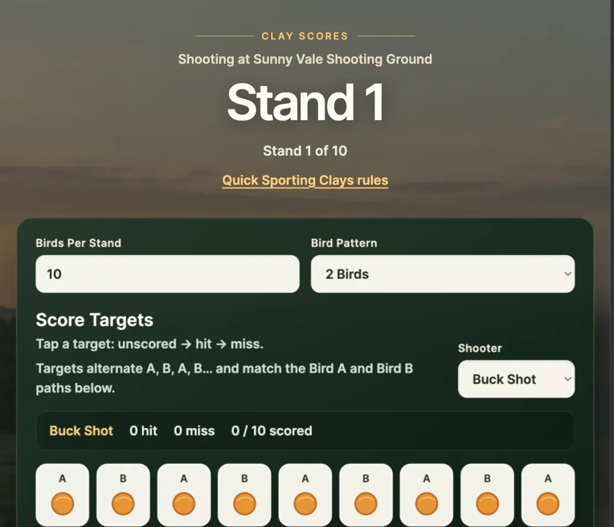 Clay Scores app showing target scoring for a round at Sunny Vale Shooting Ground