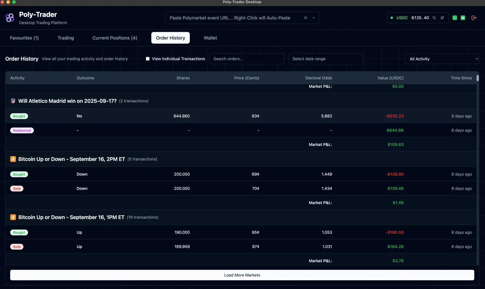 PolyTrader markets screen