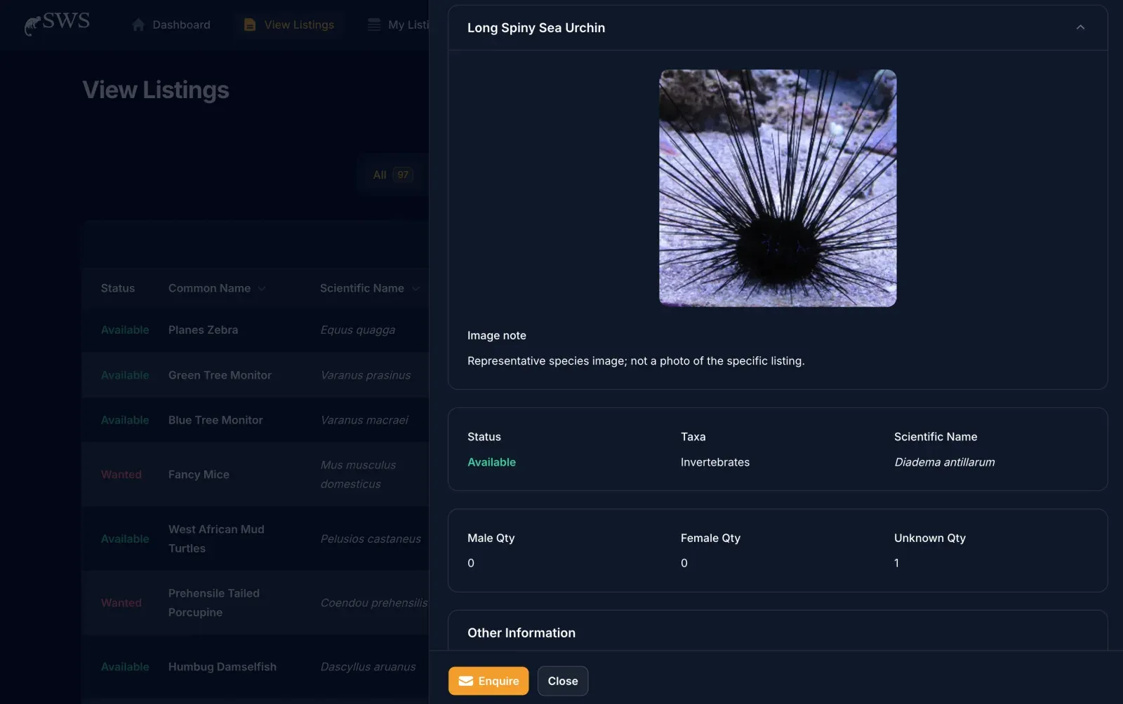 SWS species listings in dark theme