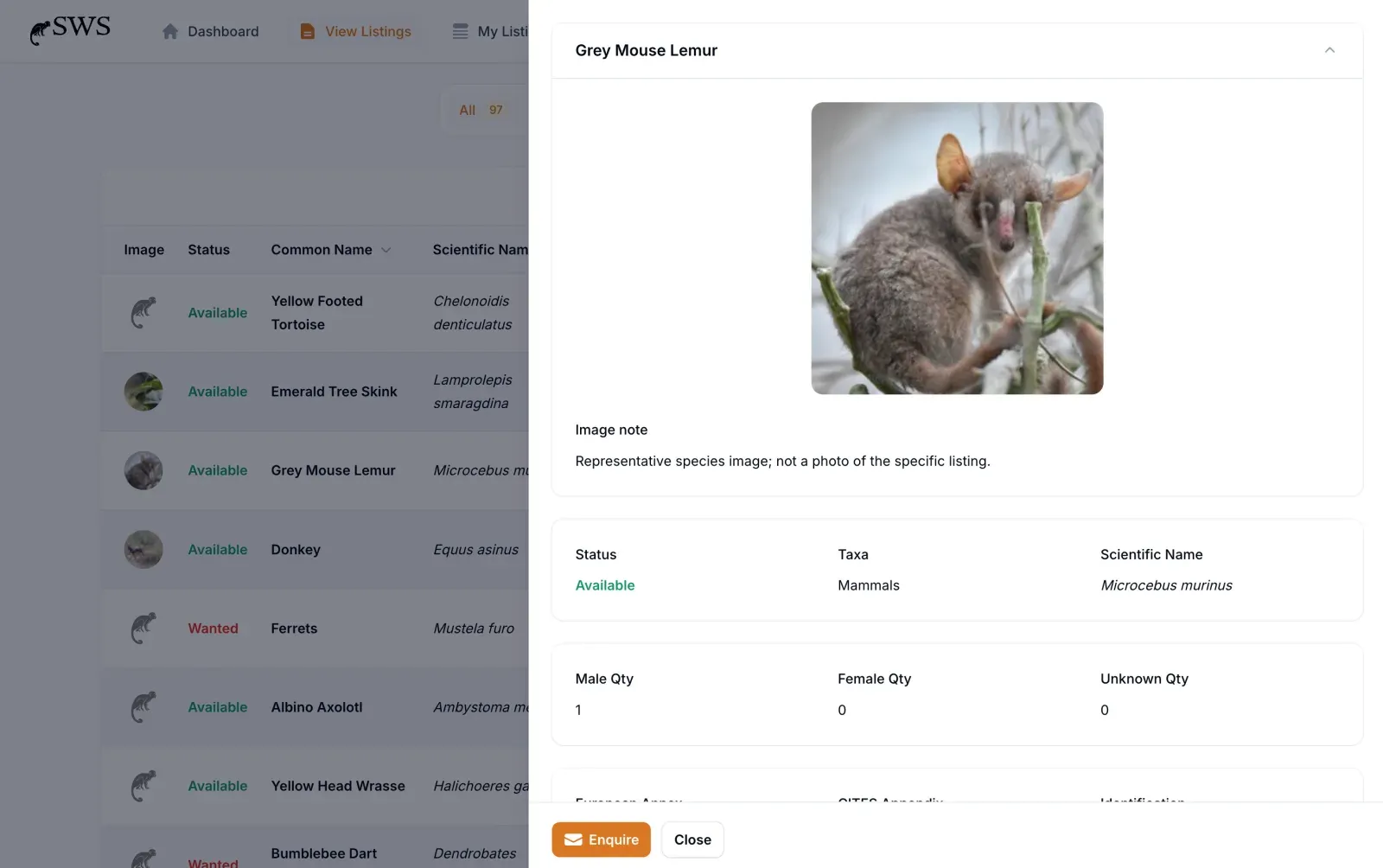 SWS species listings in light theme